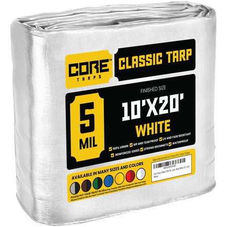 CORE TARPS 20 ft L x 0.5 mm H x 10 ft W Heavy Duty 5 Mil Tarp, White, Polyethylene CT-504-10X20